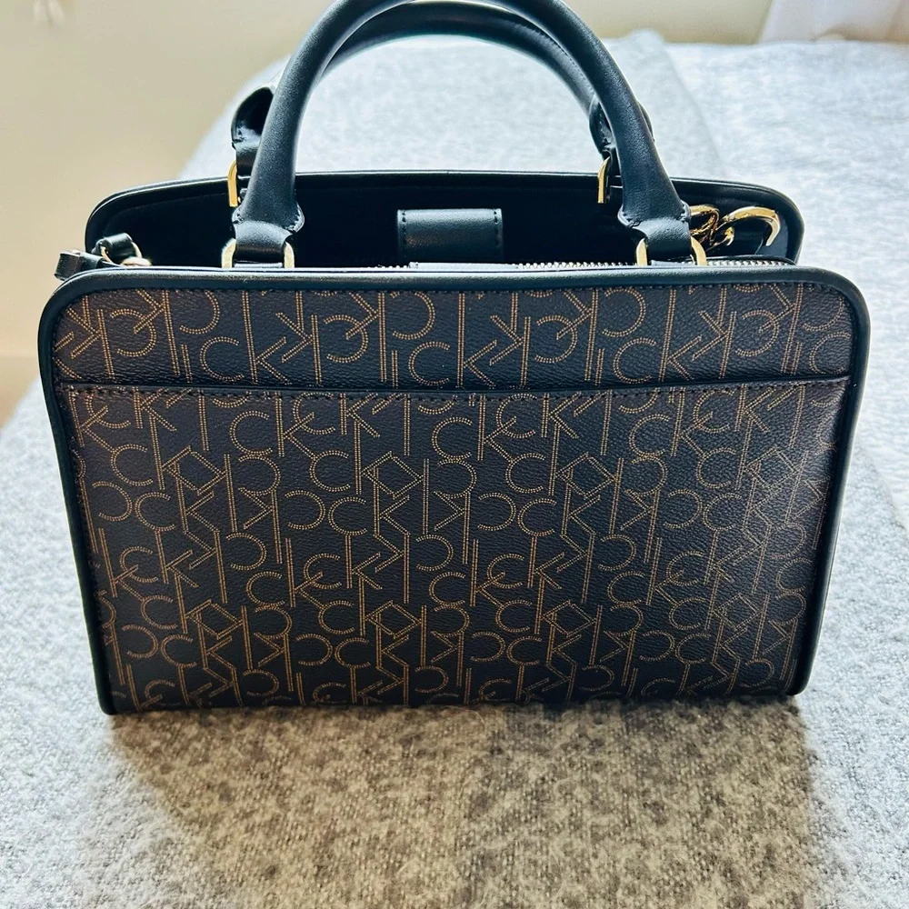 NWT Calvin Klein Black and Brown Margo Logo Satchel with Gold Accents - Picture 2 of 4